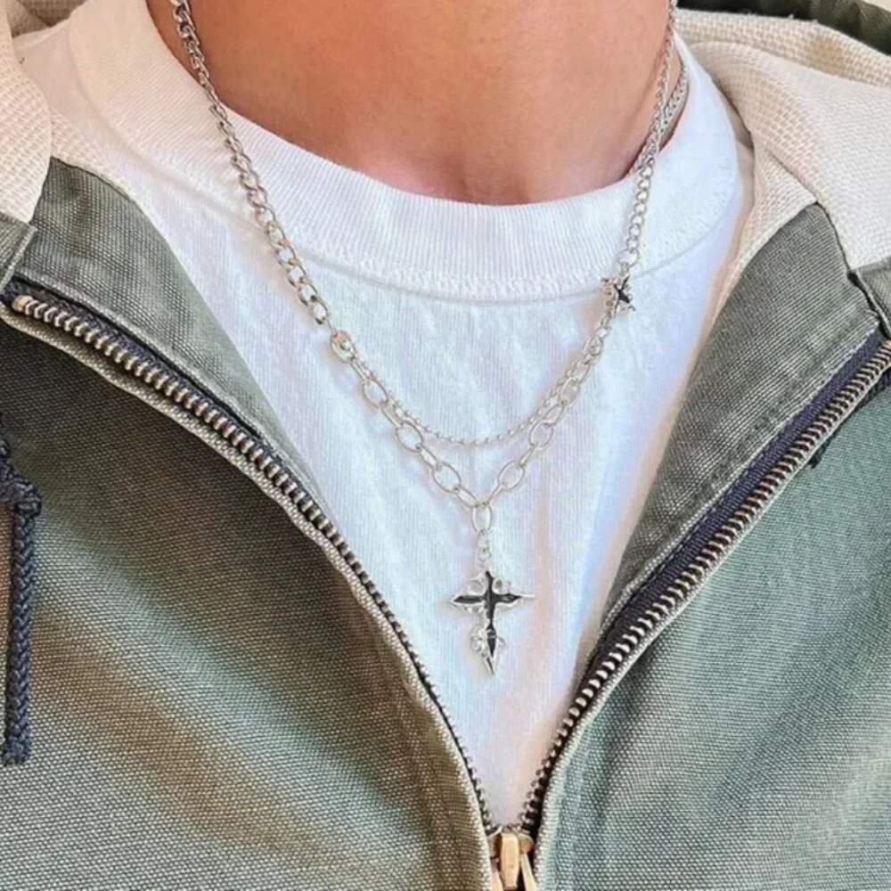 y2k 2000s grunge crystal cross pendant necklace